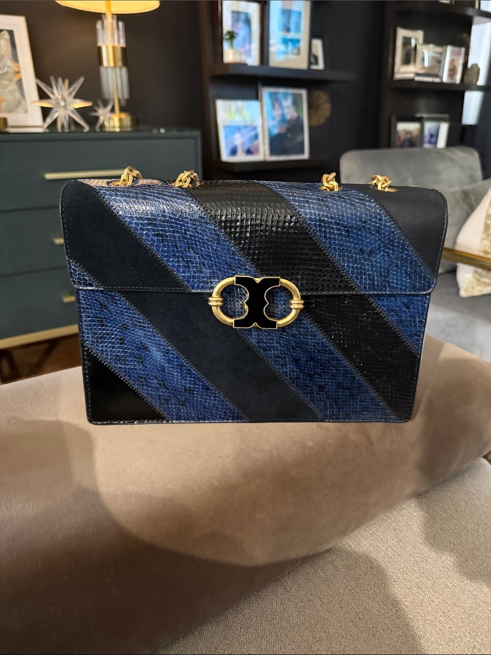 Blue snake embossed Tory Burch medium size Gemini bag.
